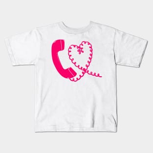 Hot pink retro phone 90s heart cord design Kids T-Shirt